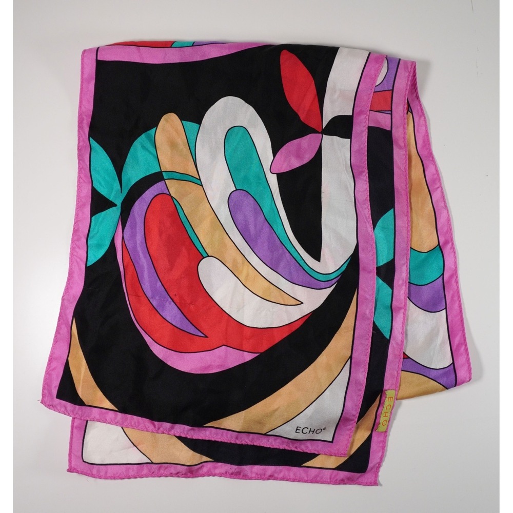 Vintage 80s Echo 100% Silk Colorblock Abstract Geometric Long Oblong Scarf 52"